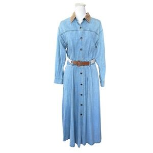 Studio 25 Vintage Denim Maxi Dress Light Wash Corduroy Collar Belted Womens M